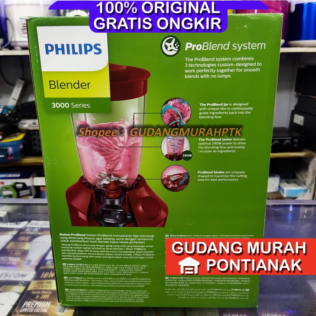 Blender Philips Original Pro Blends ASLI KUAT dan AWET HR2042 3000 Series Blender 290W Plastic / plastik WARNA MERAH