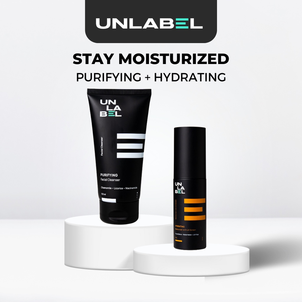 UNLABEL Facial Cleanser + Moisturizer - Paket Sabun Wajah Pria Bebas Kusam &amp; Anti Sinar UV