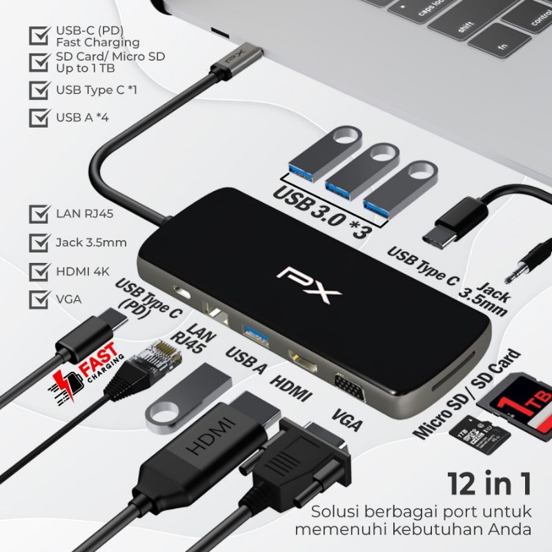 Type C USB 3.1 HDMI Lan Card Reader USB Hub Converter PX UCH120B