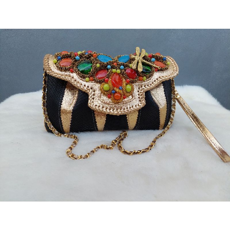 Tas Pesta Kulit Ular Phyton Mix Kulit Domba Size S / klat pesta piton / clut pesta kulit ular asli