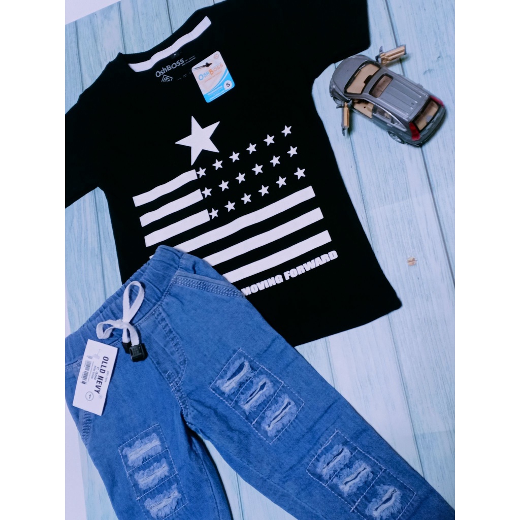 STJRP - Premium Setelan jogger ripped anak dan kaos distro karakter 1-8 tahun Part 1-Bendera hitam