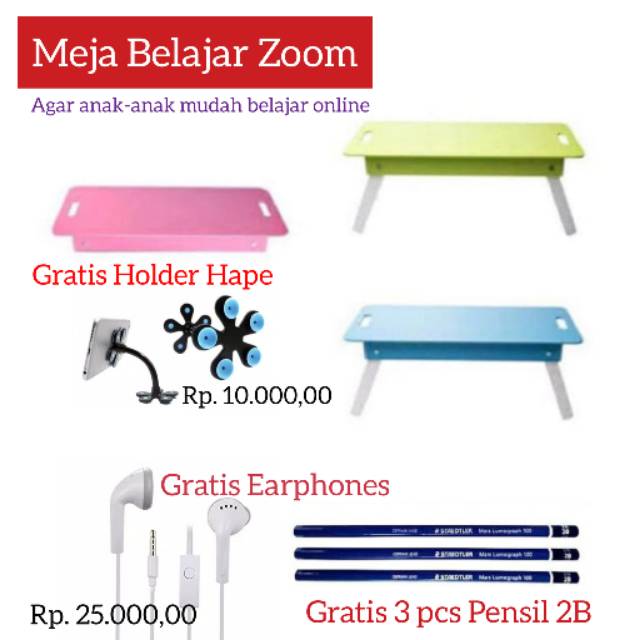 Meja Belajar Lipat Untuk Belajar Online, Berhadiah Langsung Holder Hape, Earphone, Pensil 2B