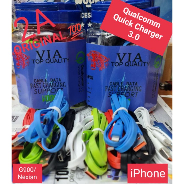 ORIGINAL 100% KABEL DATA VIA TOP QUALITY 2A QUALCOMM QUICK CHARGER 3.0 FAST CHARGING FOR COLOKAN G900 NEXIAN DAN IPHONE 1TOPLES ISI 25PCS