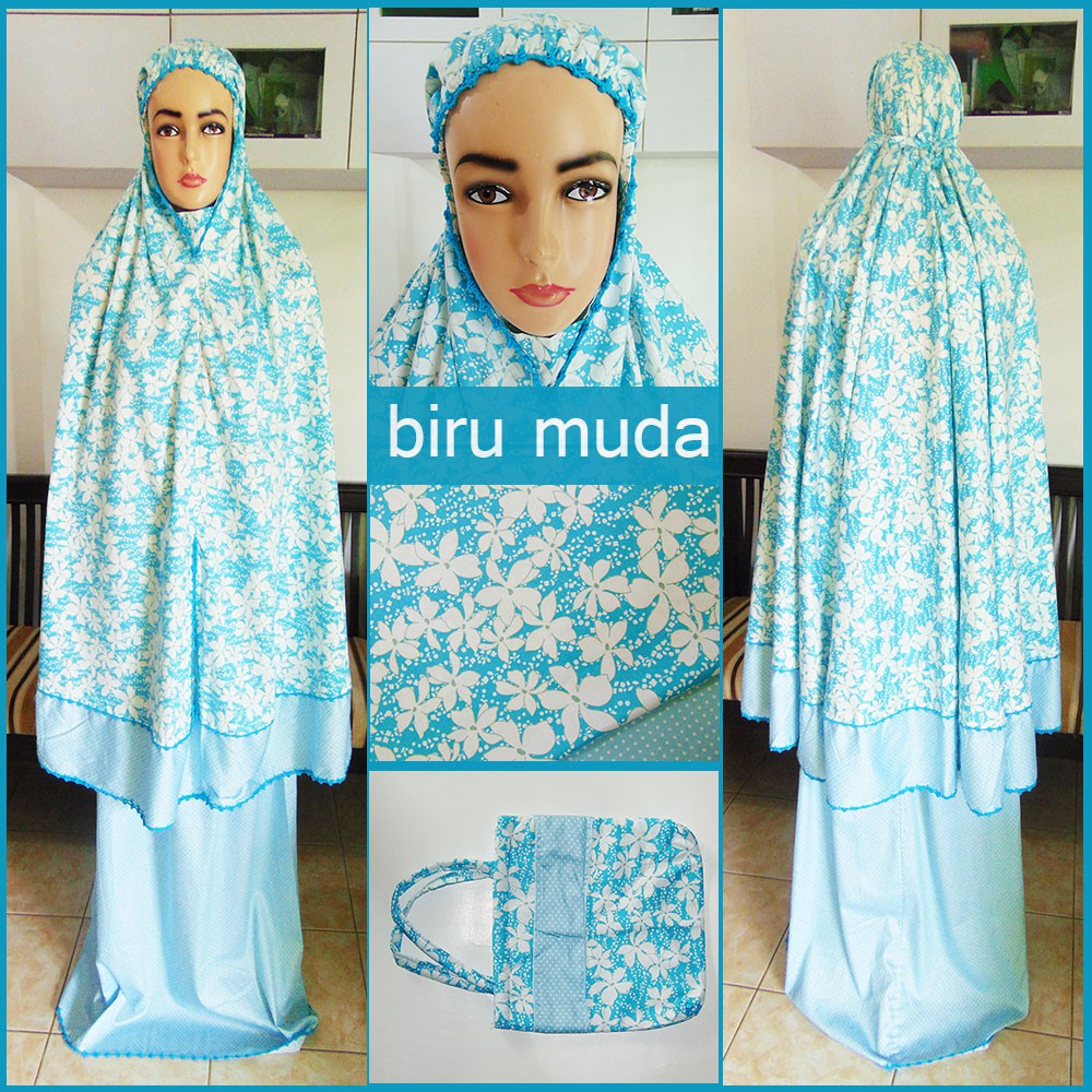 Mukena Katun Jepang Renda Sulam motif  Melati warna biru muda