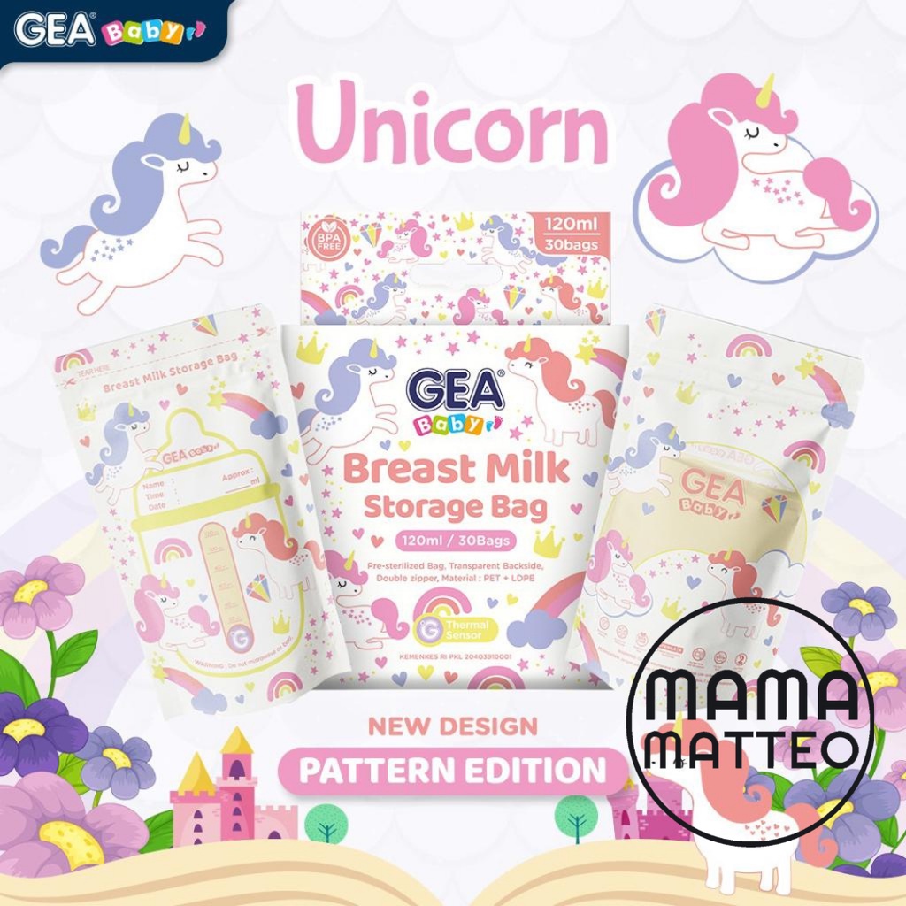 GEA Baby Tempat Wadah Asi Bayi Perempuan size 120ml Motif Unicorn Kemasan Pouch