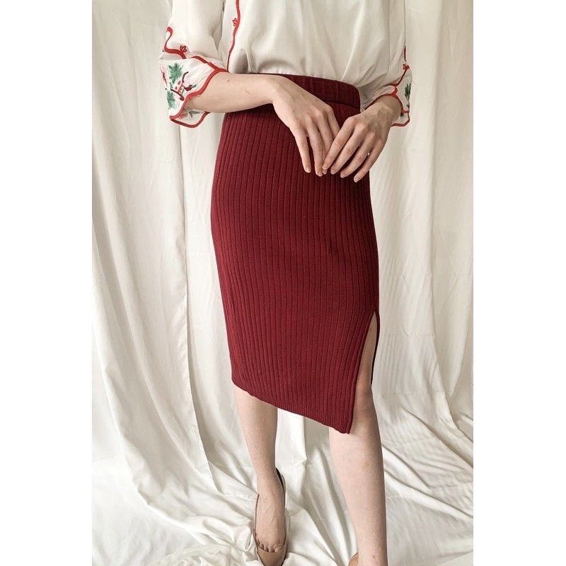 Rok Rajut Span Knitted Pendek Belah/Rok Kerja Wanita murah/rok rajut on size