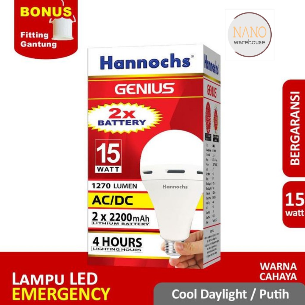 Bola Lampu Cas Darurat Emergency Hannochs LED Genius 15w AC/DC Putih Otomatis Nyala