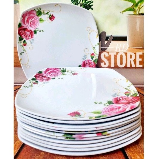 PROMO 12.PCS PIRING PERSEGI CEPER PRASMANAN MELAMINE MOTIF ROSE