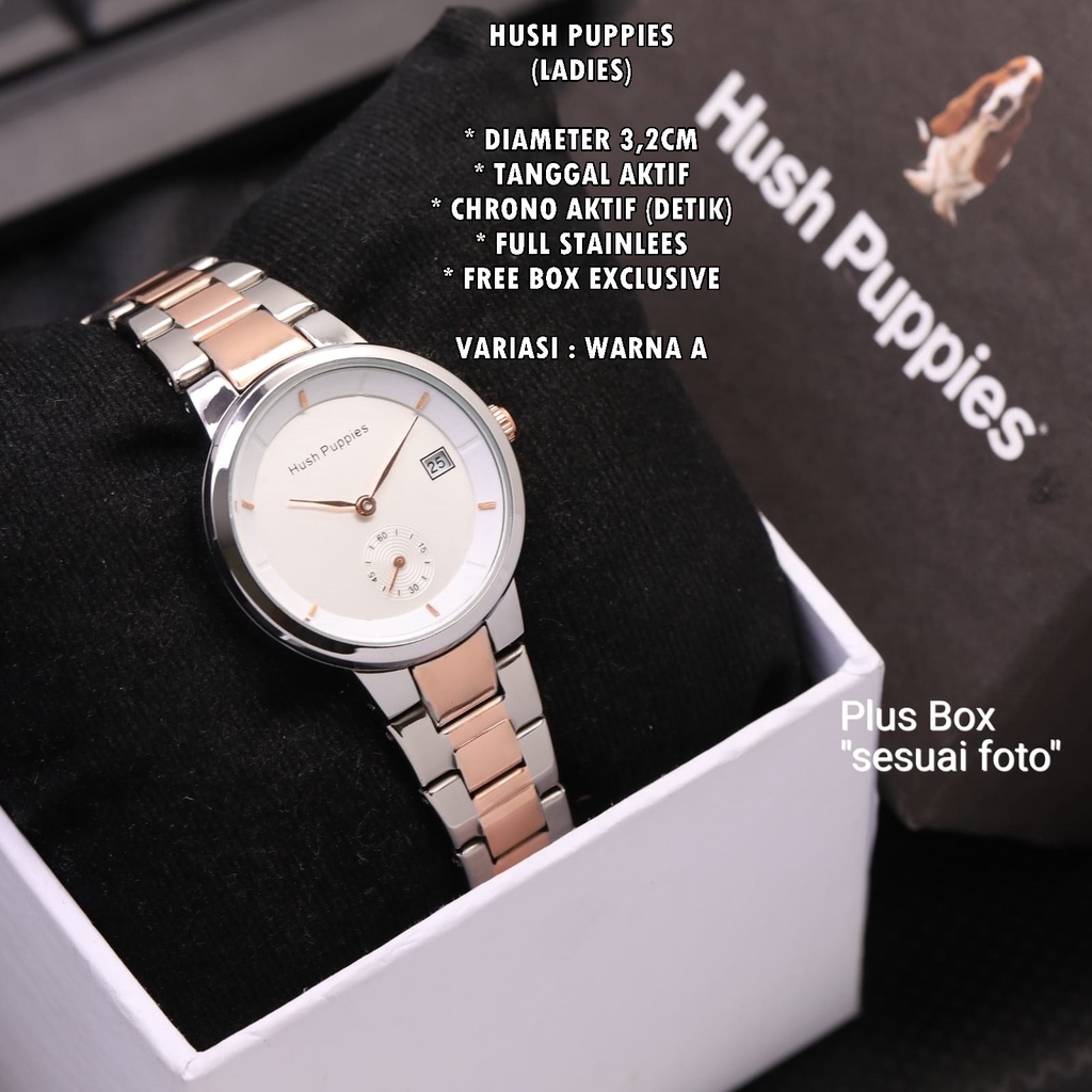 (FREE BOX) JAM TANGAN HUSH HUPPIES RANTAI BODY BULAT TANGGAL &amp; CHRONO AKTIF