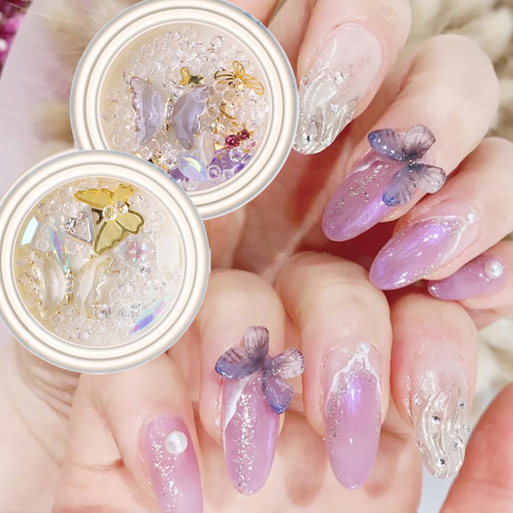 AUGUSTINA Agustina Butterfly Nail Rhinestones DIY Berlian Mengkilap Paduan Bunga Ukuran Campur Hiasan Kuku