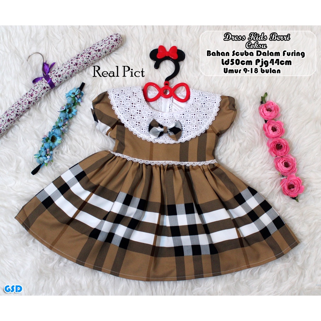 Dress Kids Berri/Gaun Bayi Motif Kotak Impor / Dress Baby Renda Berri Kids 9-12 Bulan/ Baju Jalan