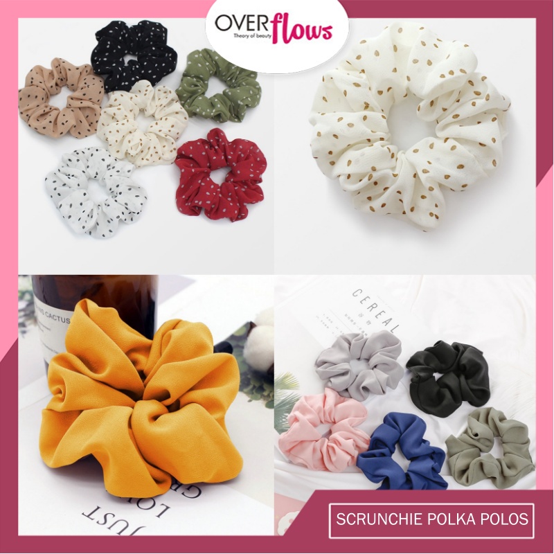 OVERFLOWS.ID Scrunchie Ikat Rambut Bahan Kain Polkadot Polos Karet Elastis Untuk Wanita Import