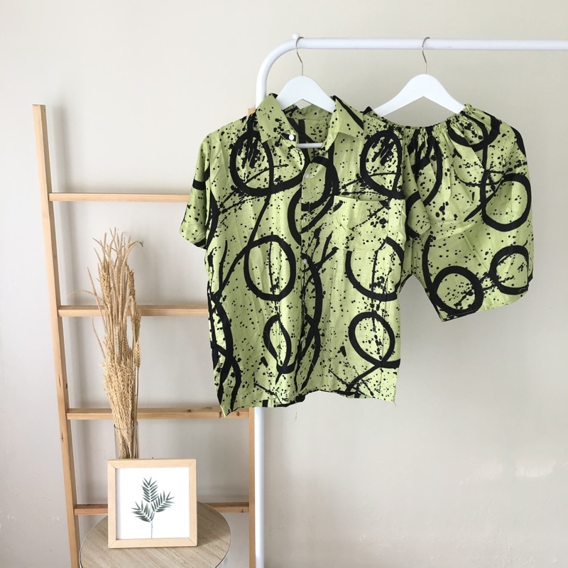 hirafa - One Set Setelan Atas Bawah Full Kancing / Baju Santai Tie Dye / Baju Wanita Pria-Ring - Green