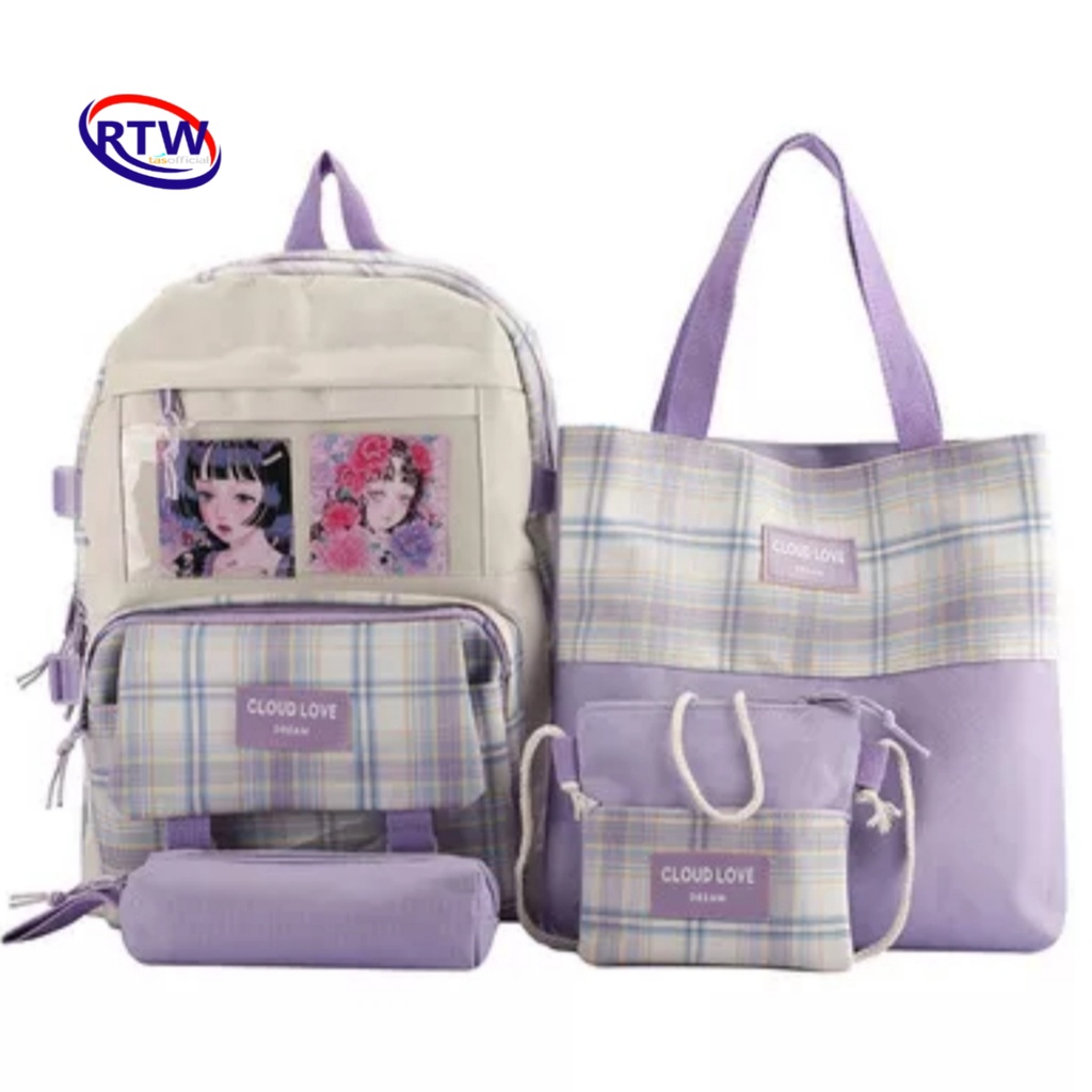 Tas Ransel Anak Sekolah Wanita import set 4 in 1 ORIGINAL Backpack Fashion Korea Tas Punggung Perempuan Terbaru Kekinian