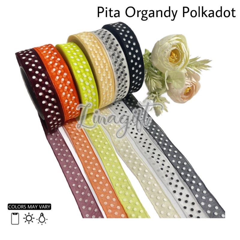 ( Rol 20 Yard ) PITA ORGANDI POLKADOT 0.5IN ( 1.25CM ) / 1IN ( 2.5 CM ) - ORGANDY DOT 1INCH / 1/2IN ORGANZA ONDE / HIASAN KADO / PARCEL HIASAN DEKOR DEKORASI RUANG FLORIST BUKET KARANG