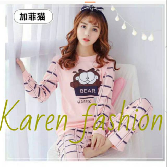 Baju tidur piyama kaos setelan panjang wanita dewasa cewek import GARFIELD SPPEACH