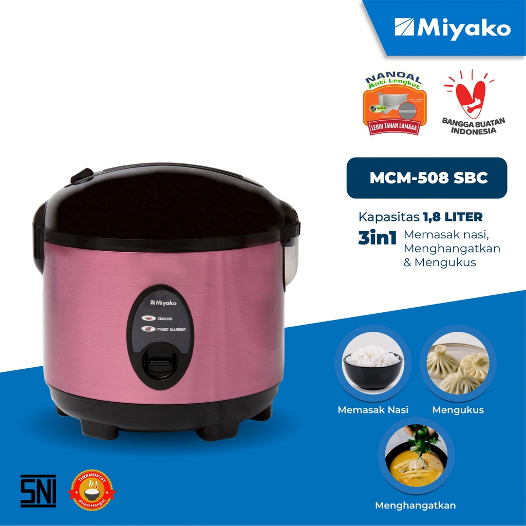 Miyako MCM508SBC Rice Cooker / Magic Com 1.8 Liter 3 in 1 Bonus Gelas Ukur dan Sendok Nasi