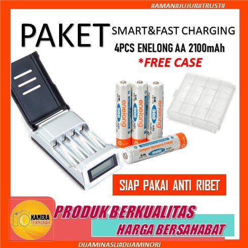 PAKET Charger with LCD + ENELONG Baterai - 4 Slots + AA/AAA 2100/2700/900 maH
