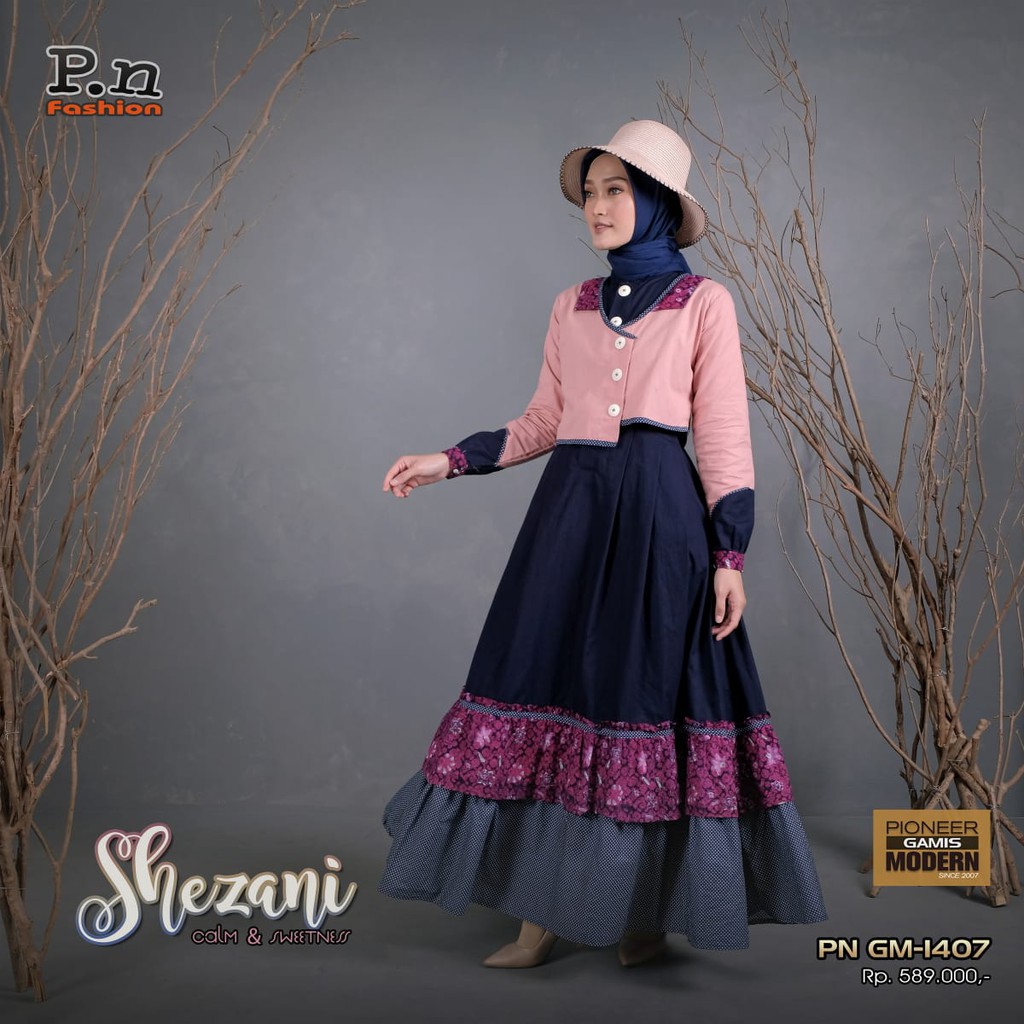 PN FASHION GM 1407 NAVY Gamis Cantin Aksen Rompi