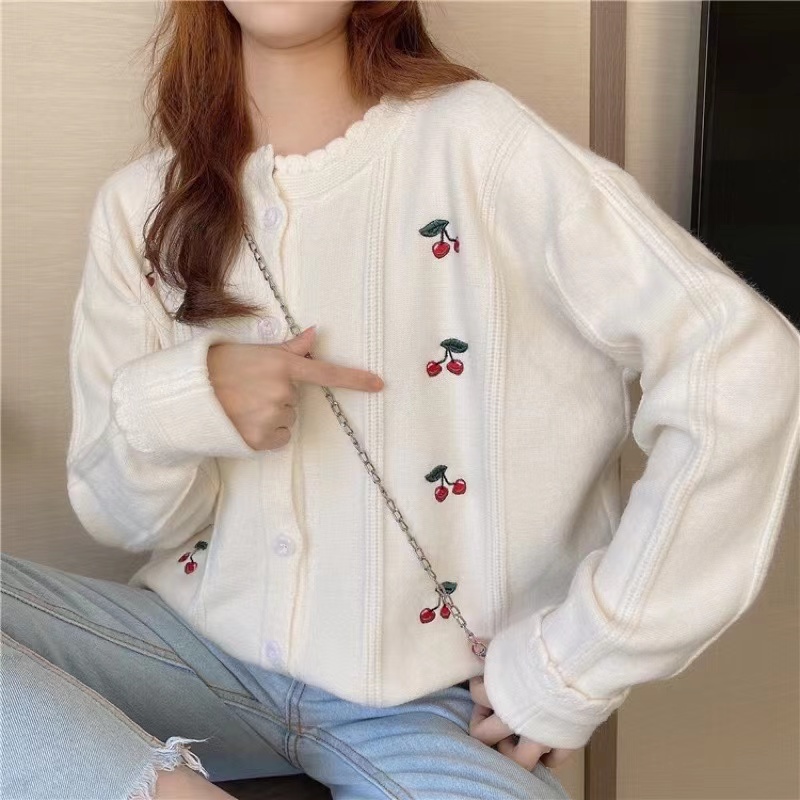 Monica Berry Cardigan Busana Kasual Cherry Cardigan Knit Cardigan Rajut Wanita Putih Biru Kuning