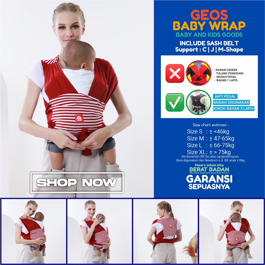 Gendongan Bayi M Shape Depan Samping Geos Gendongan Baby Wrap Instan Premium
