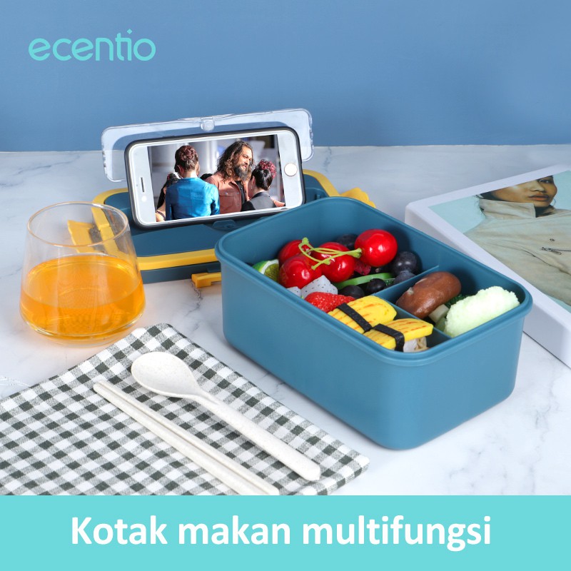 ecentio 3 Grids 1500 ml Lunch Box With Free Sendok dan Sumpit BPA Free Kotak makan portabel