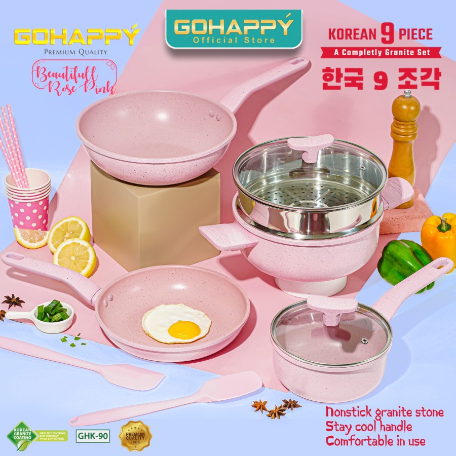 PANCI SET  MARBLE gohappy korean set 9 swiss Terdiri dari  9pc Wok steamer fry pan milkpan anti lengket design chef renatta Supra