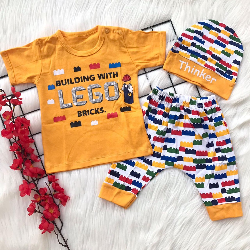 Baju setelan kaos celana topi lucu lego kuning biru merah bestseller anak bayi cowok laki murah -leg