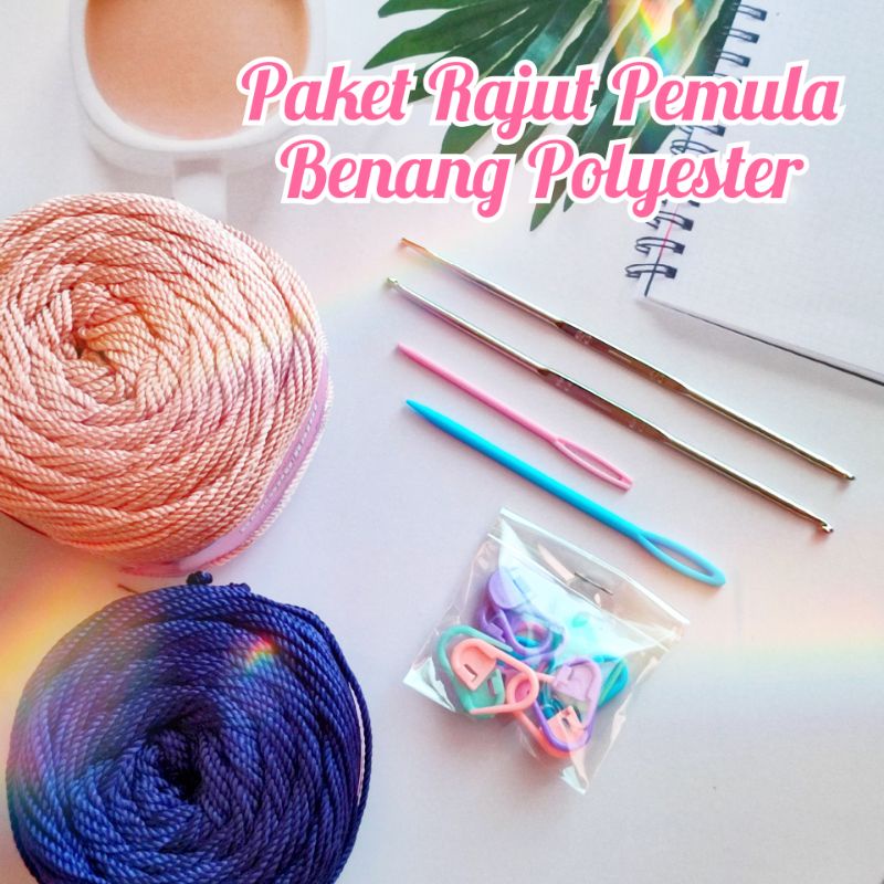 Paket Rajut Pemula + Benang Poly Kilap/Polyester - Starter Kit Crochet