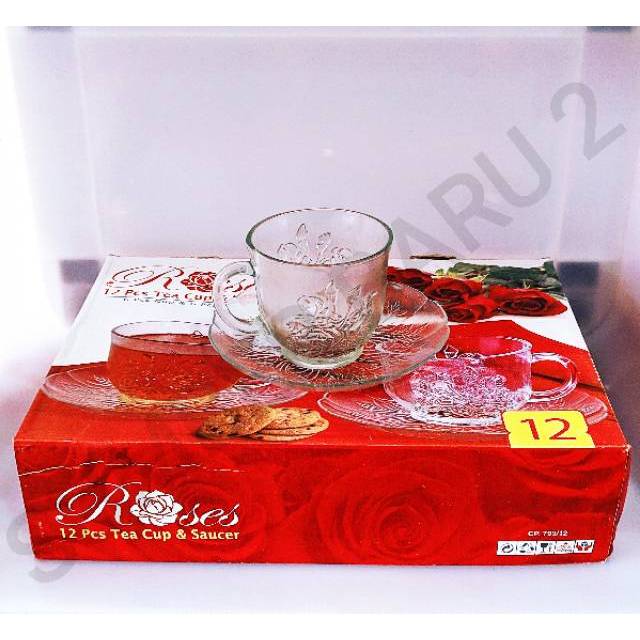 6 set Cangkir Lepek Tatakan Kaca Bening