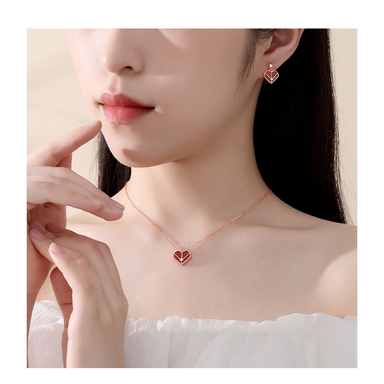 [925Perhiasan Perak] s925 Sterling Silver Cinta Hati Anting-Anting Perempuan Sederhana ins Rose Gold Merah Akik Peach Jantung Anting-Anting Influencer Anting Berkelas