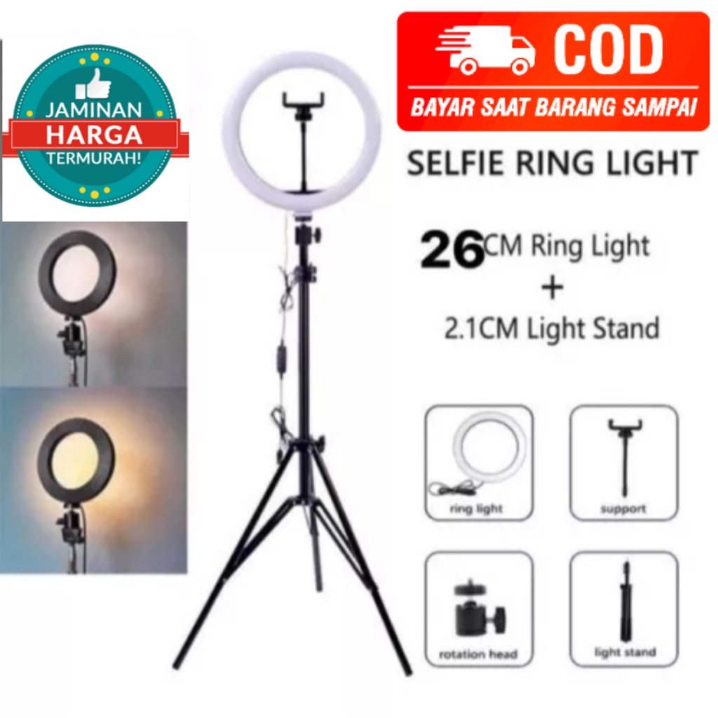 Paket Super Hemat Tripod 2,1 Meter Plus Ring Fill Light 26 CM Plus Lampu Led Ring Light Photography Lighting / 26CM untuk Livestreaming