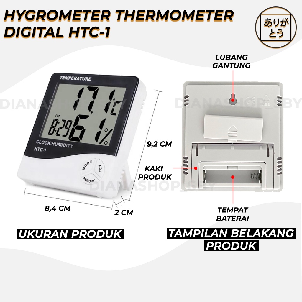 HTC-1 HYGROMETER TERMOMETER ALAT UKUR SUHU TEMPERATUR RUANGAN CLOCK