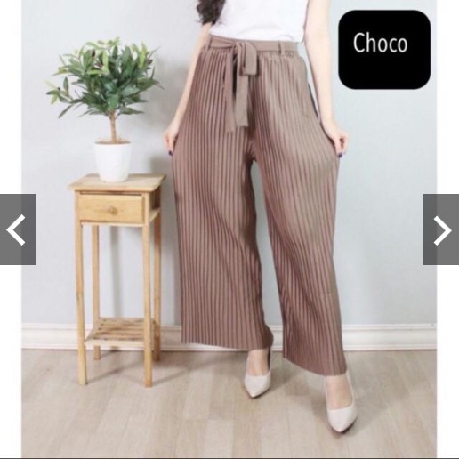 302 KULOT PLISKET PANJANG TALI PINGGANG MODIS FASHION MUSLIM BAWAHAN CELANA POLOS MURAH PLEATEDPANTS-Choco