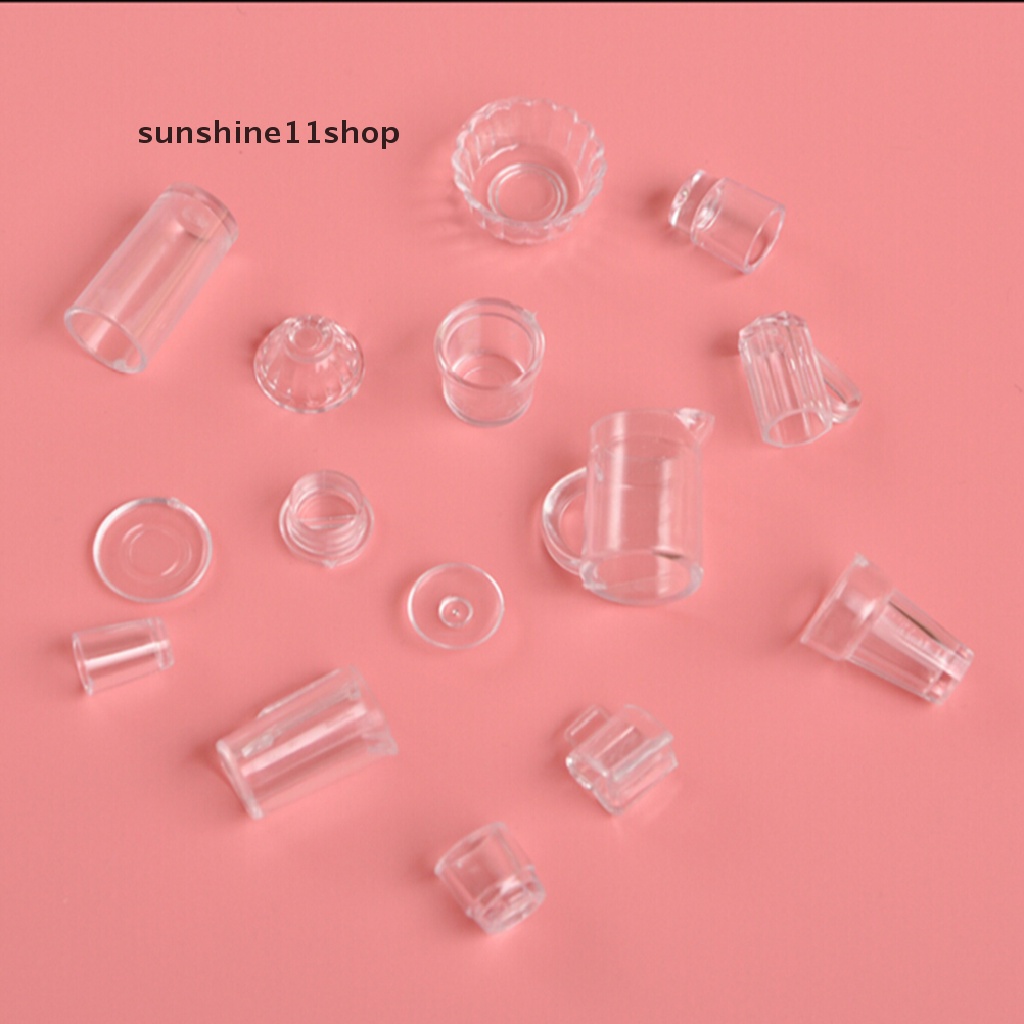 Sho 15pcs / Set Miniatur Gelas / Piring / Cangkir / Peralatan Makan Mini Transparan