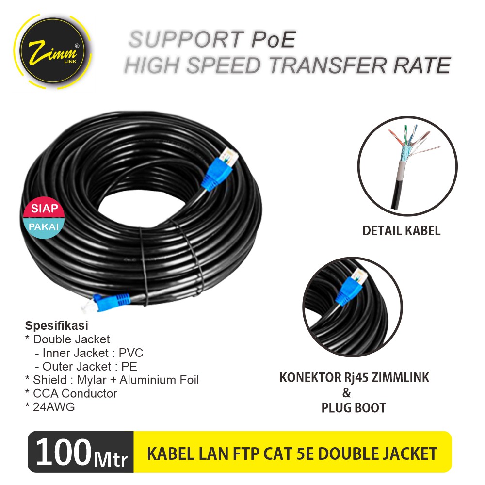 Kabel LAN FTP Cat5 Zimmlink Double Jacket Panjang 100 meter Siap Pakai Support PoE