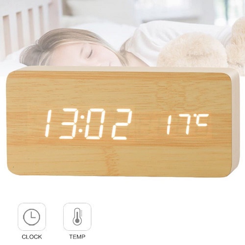 Jam Meja Kayu Digital Led / Jam Estetik + SUHU / Digital Wood Smart Alarm Clock