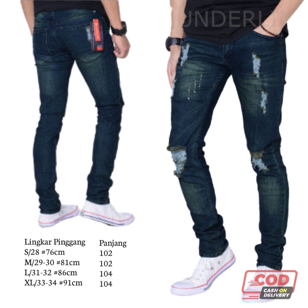 Celana Jeans Pria Sobek Panjang Cakar Ripper Lutut Bolong Denim Distro Levis Cowo Cowok Big Size M L XL XXL