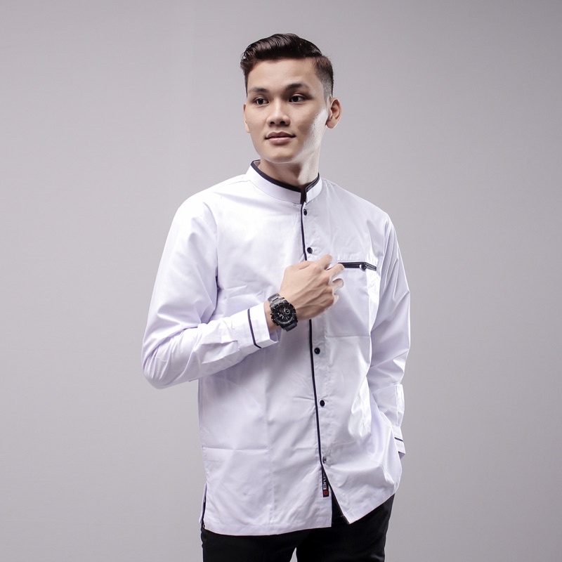Baju Koko Pria Lengan Panjang Original Elrumi Motif LC / Baju Koko Polos Warna Putih