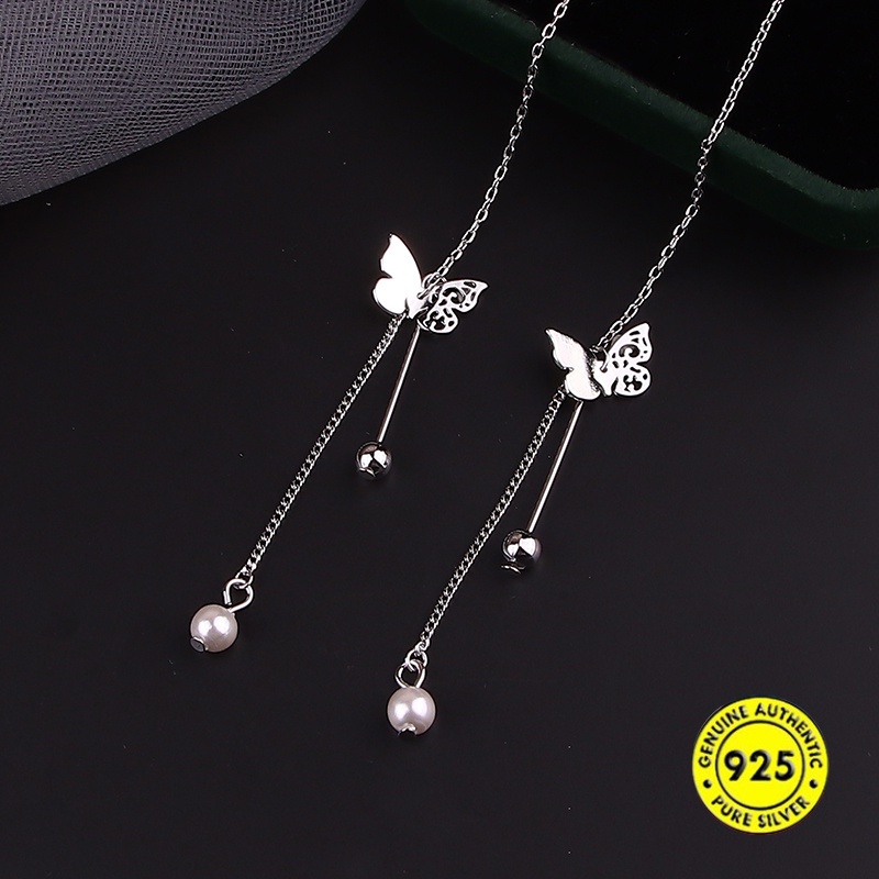 Anting Tusuk Gantung Bahan Sterling Silver 925 Desain Kupukupurumbai Hias Mutiara Untuk Wanita