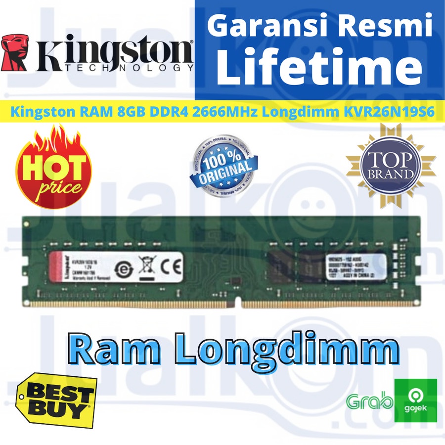 Ram DDR4 Kingston KVR26N19S6 DDR4 8GB PC2666 Longdimm Resmi