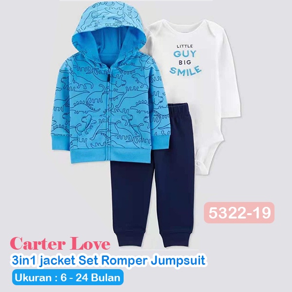 Setelan Anak Laki Laki 3in1 Jaket Bodysuit &amp; Celana Motif Dino Blue 6 Bulan - 2 Tahun