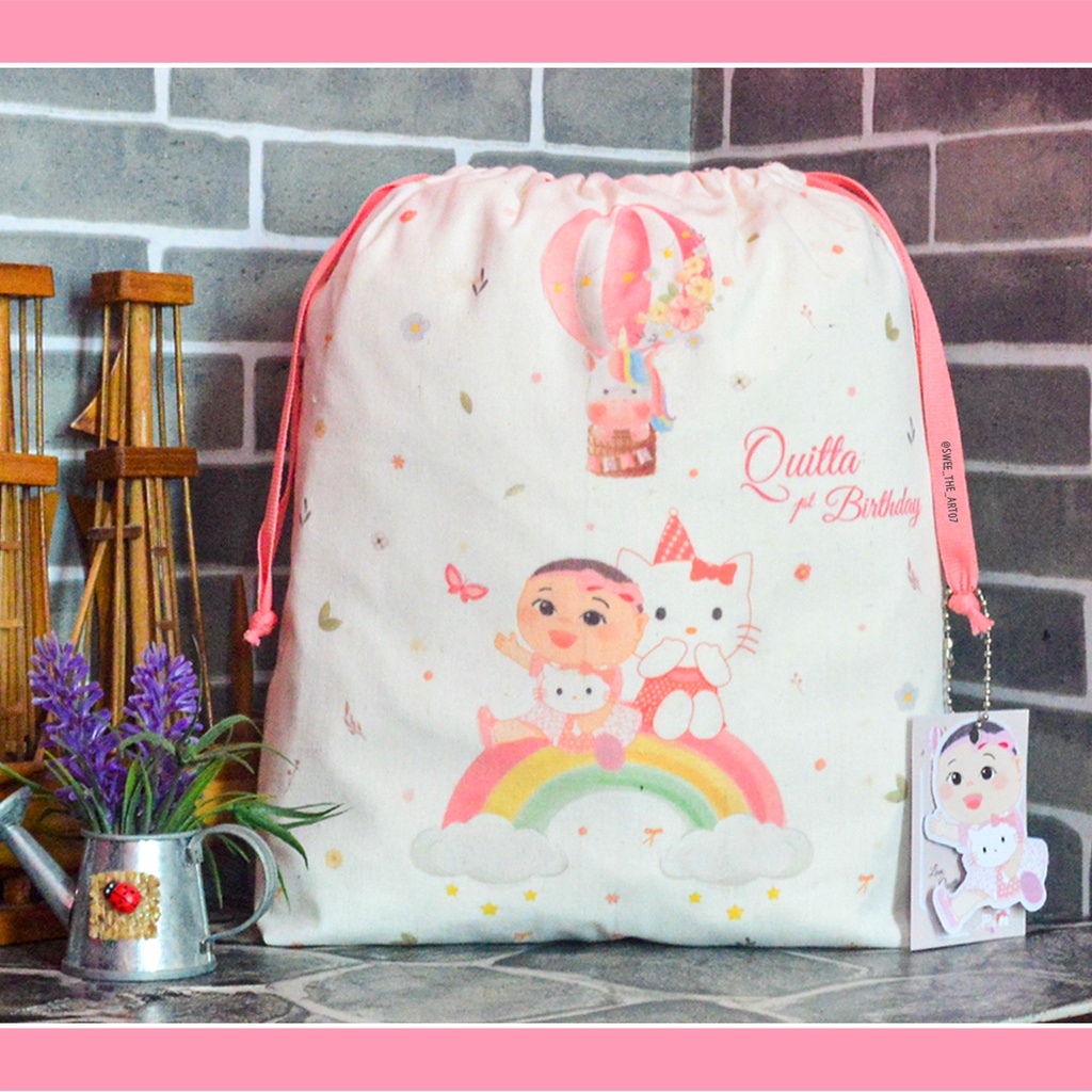 

iDk90 Full Print 2 sisi Goodie Bag Pouch Serut Belacu Tas Ulang Tahun custom ukuran 27x8x27