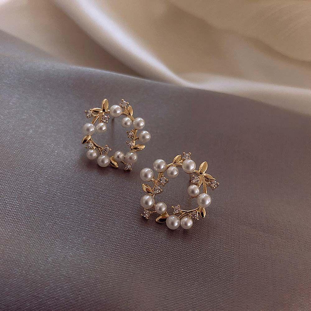 Anting Stud Silver Needle Bentuk Lingkaran Aksen Mutiara Warna-Warni Untuk Wanita