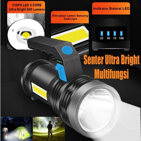 ONLYONE21 Senter Led Super Terang Rechargeable Plus Cob Senter Led Jarak Jauh / Senter LED + COB Jarak Jauh Super Terang / Senter Tangan Senter Genggam LED COB USB CAS / Lampu Senter Jarak Jauh