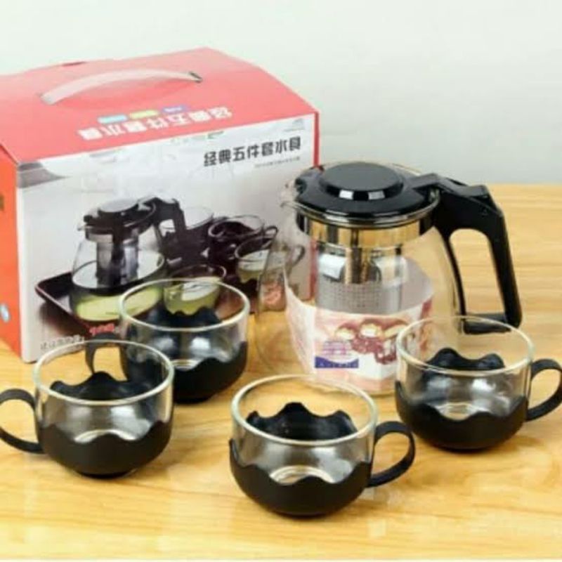 

Navi_Lezatoz () Tea Pot Saringan Hitam Set 5In1 / Tea Pot Set Gelas Kaca 5In1 / Teko Sovenir / Tea