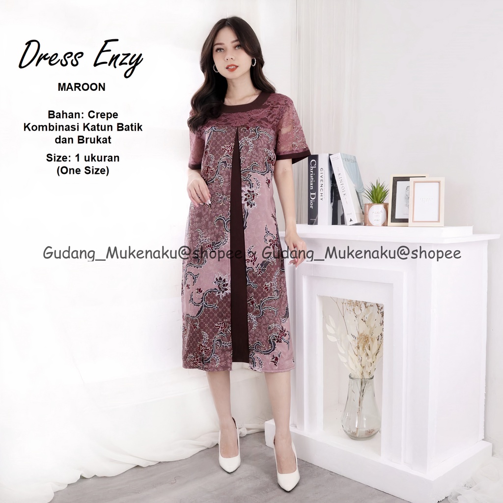 Gudang_Mukenaku Dress Enzy Bahan Katun Batik Kombinasi Brukat Pakaian Fashion Wanita Dewasa Terbaru Premium COD bisa bayar di tujuan