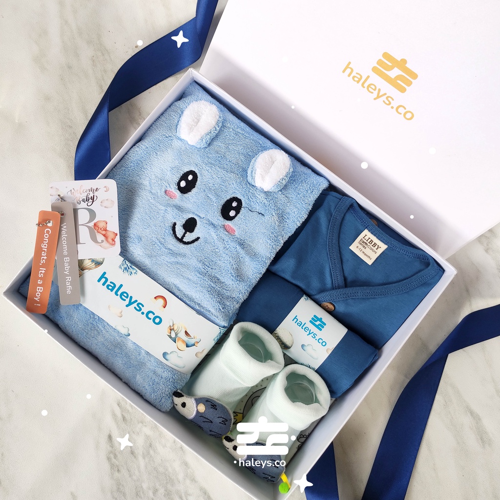 Haleys.co | Kado Bayi Laki Laki Blue Aqua Lagoon Sea / Boys/Girl Baby Hampers 0-12 months/ Hampers bayi newborn/ Kado bayi/ Babyboy Gift / Kado Lahiran / Giftbox / Kado Bayi Perempuan / Girl Hampers baby / Kado bayi laki laki / Haleys.co