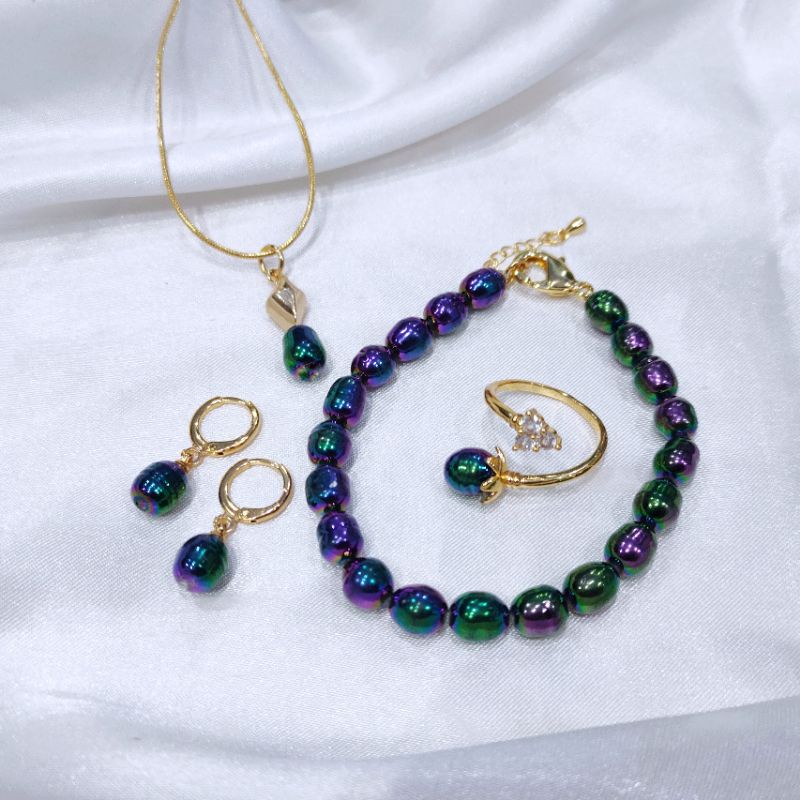 set mutiara tawar / set lapis emas 18k / mutiara lombok asli / aksesoris / emas / gelang / anting / 