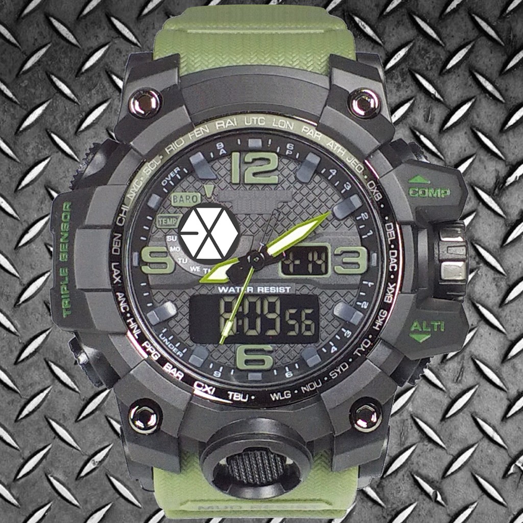 (Istimewa Bossque) Jam Kpop LOGO EXO Double Time Tali Hijau (Exclusive)